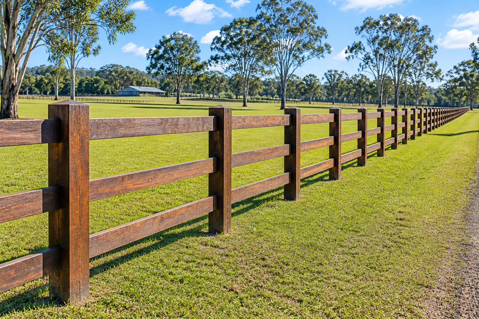 Hardwood rural fencing running along a paddock