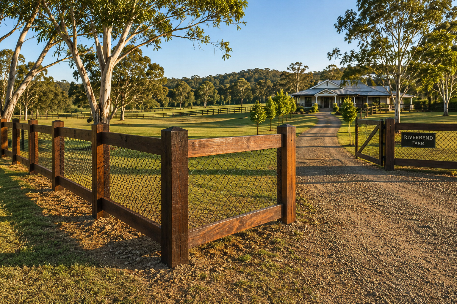 Rural driveway entry with hardwood fencing