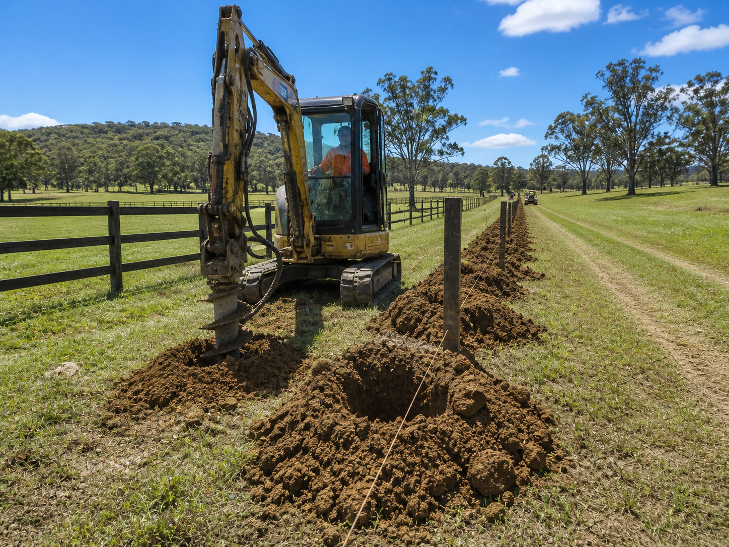 Machinery preparing rural fencing and entry areas