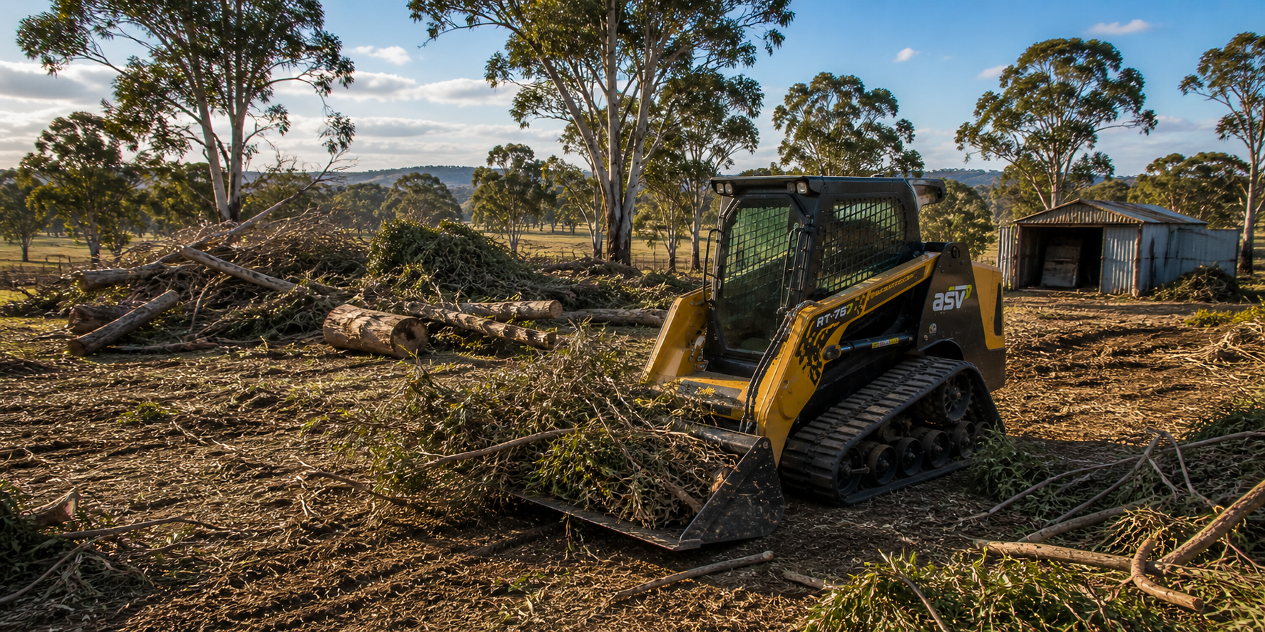 Machinery and crew cleaning up a rural property