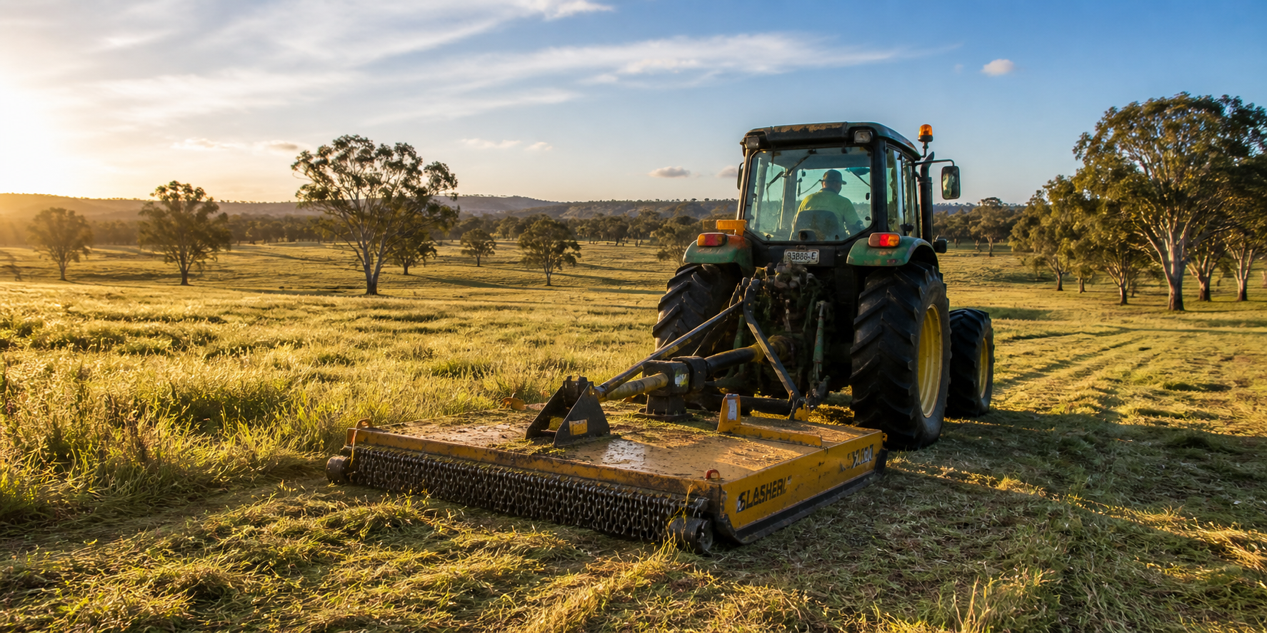 Tractor slashing long grass on rural land