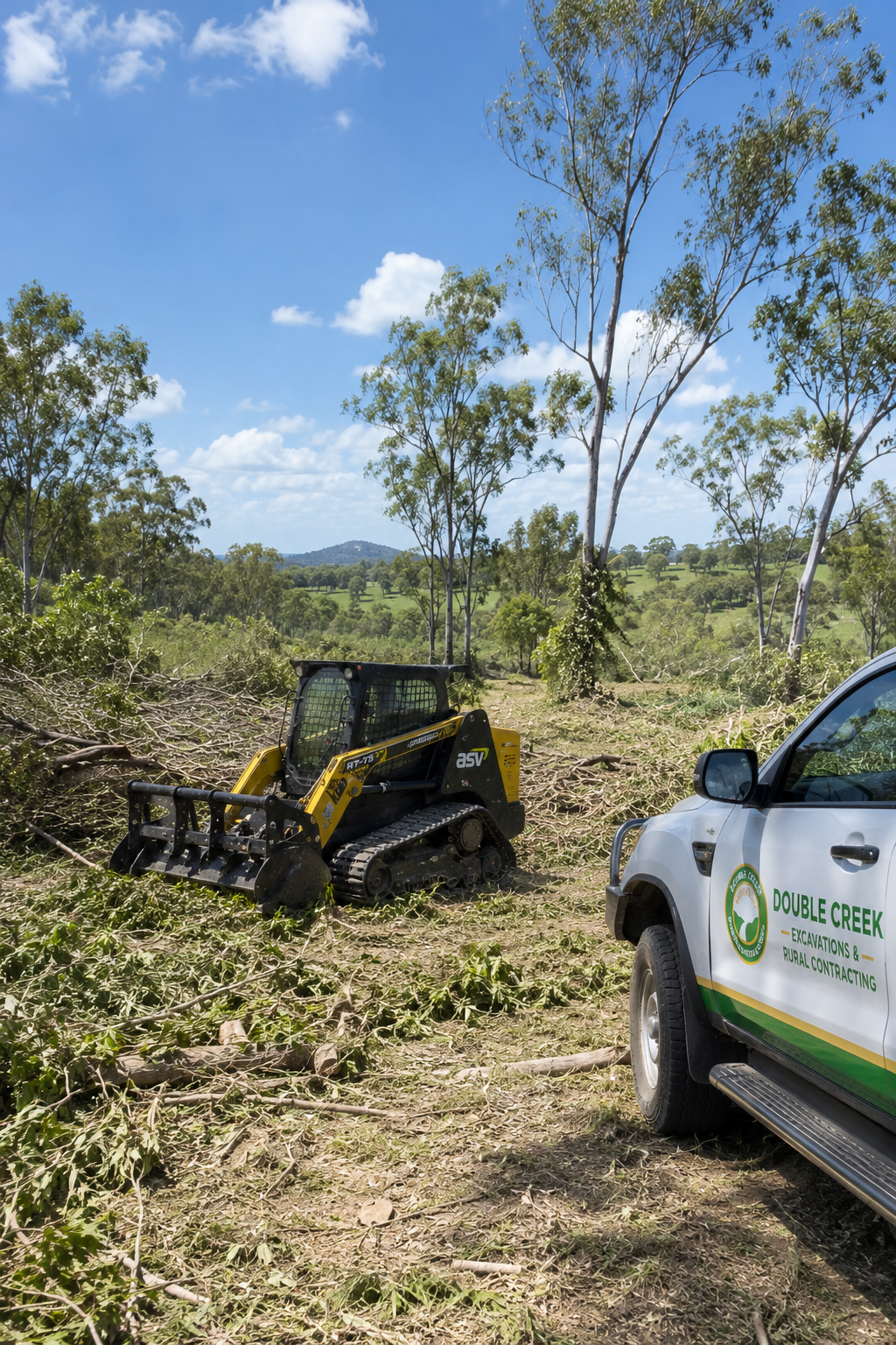 Vegetation management machinery beside a Double Creek vehicle