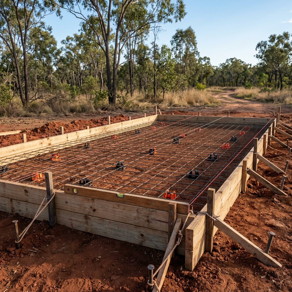 Timber formwork and reinforcing mesh set up ready for a concrete pour
