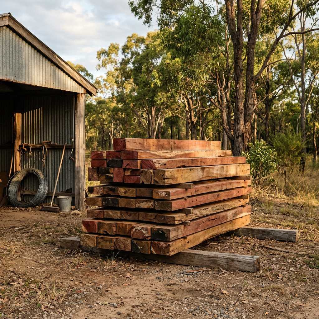 Stack of freshly milled hardwood posts, beams and sleepers