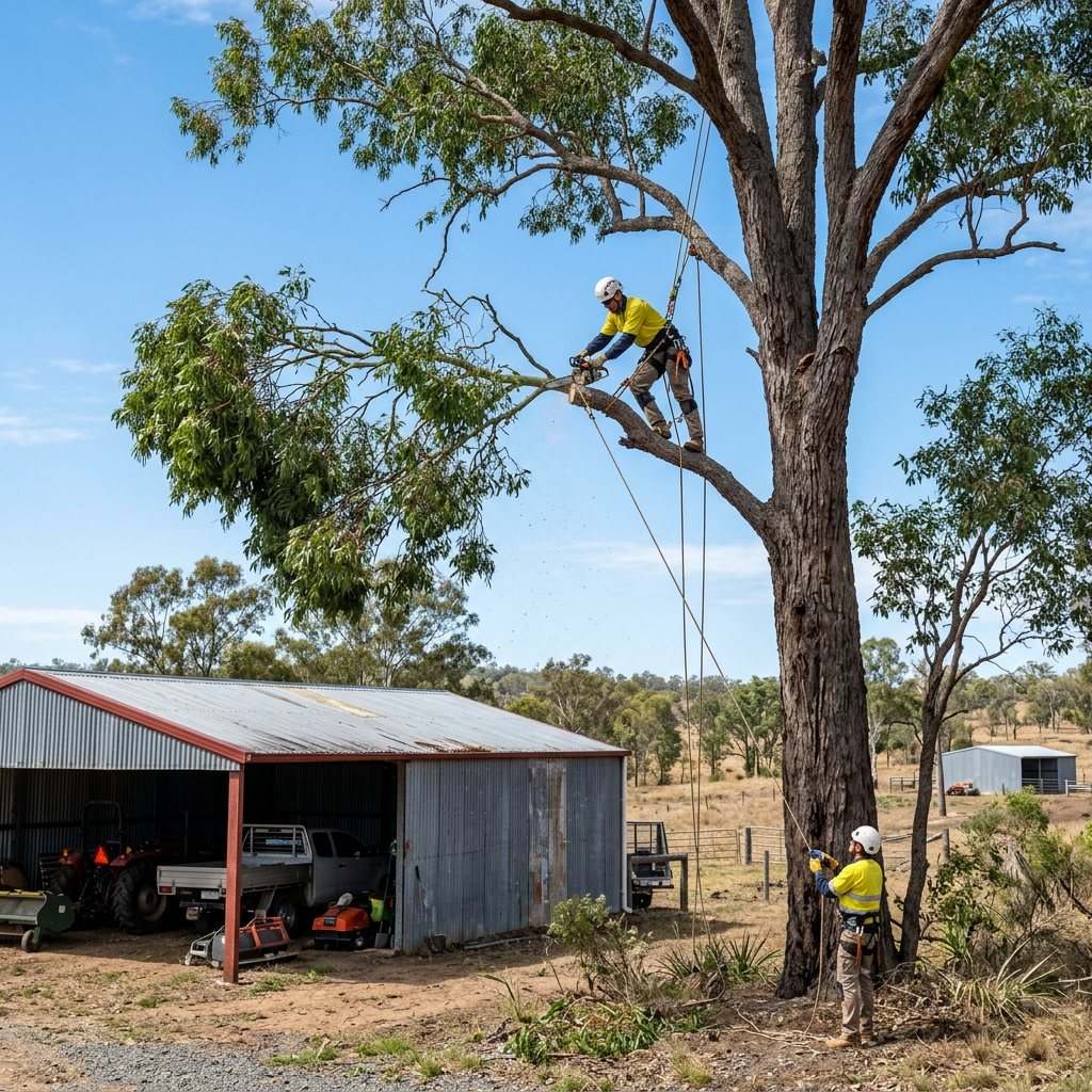 Arborist lopping a large branch over a shed
